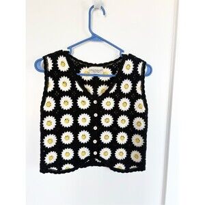 Lulla Collection Crochet yellow Granny Square Vest Boho Cottagecore Cardigan-XS